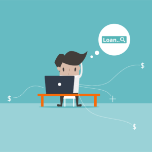 Animated man looking at computer and thinking